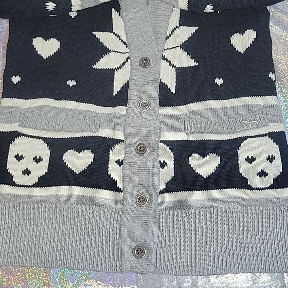 RARE Vintage Holiday Cardigan Knit Skull Snowflake Sweater Button Up SZ:XS - Picture 11 of 13